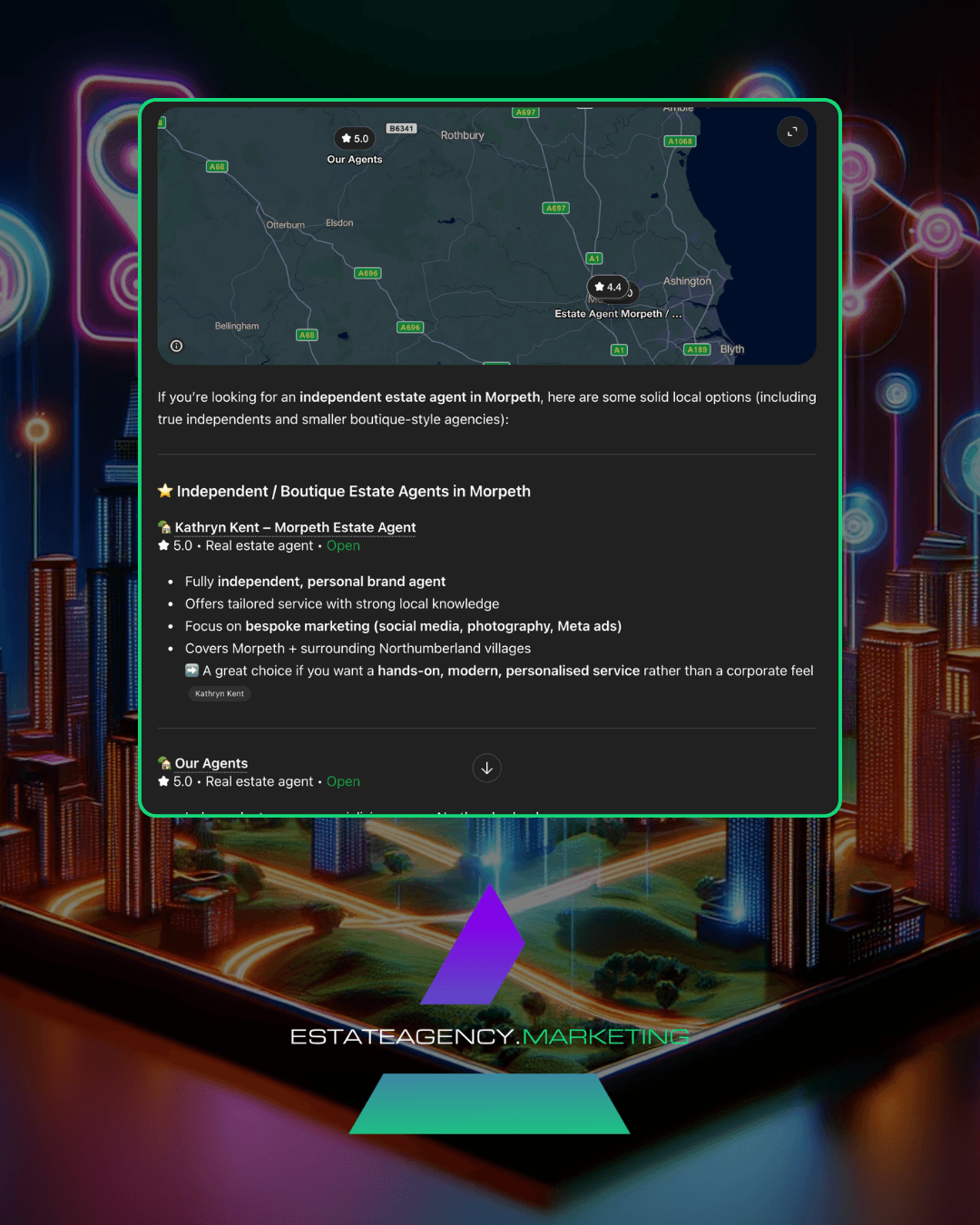 13 Map-based listing panel showing independent estate agents in Morpeth with agent ratings and notes set on a dark card with a neon city background, and a purple logo at the bottom.