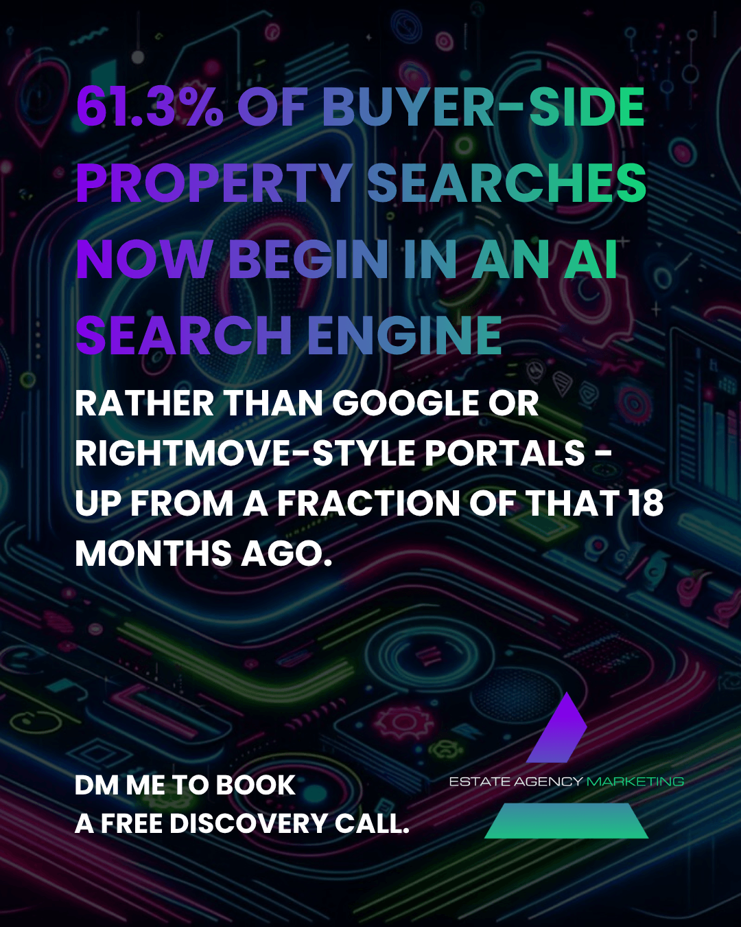 3 Colorful neon circuitry poster advertising AI-powered property searches, with a bold headline and a call to action: 'DM me to book a free discovery call' and a logo at the bottom right.