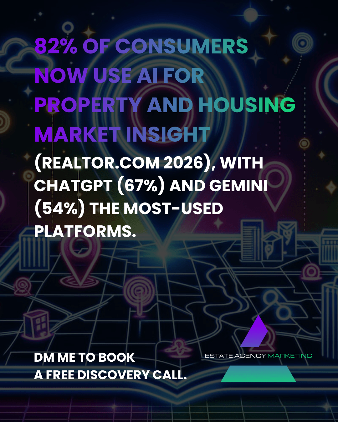 5 Promotional neon poster about AI in real estate, stating 82% of consumers now use AI for property and housing market insights, with a call to action to book a discovery call ofered by the agency.