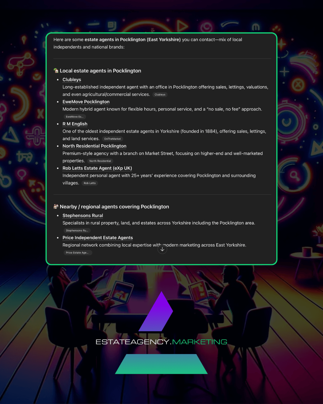 Woking Modal listing estate agents in Pocklington (East Yorkshire) with agency names and brief descriptions on a neon-themed page; includes Clubleys, EweMove Pocklington, RM English, North Residential, Rob Letts and nearby agents.