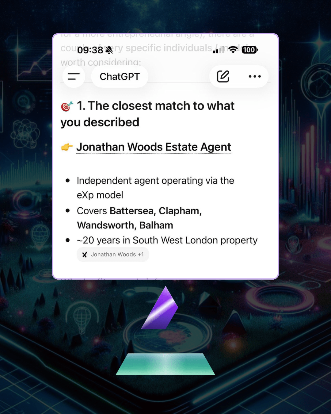 AI reslts 5 Card showing a professional profile for Jonathan Woods Estate Agent with bullets about independent agent, areas covered (Battersea, Clapham, Wandsworth, Balham) and ~20 years in South West London property; UI elements faded behind.