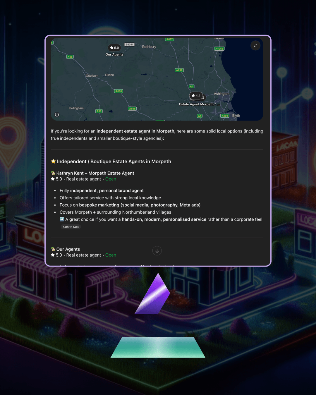 AI results Web page: map showing estate agents in Morpeth with a profile card for Kathryn Kent and service bullets.