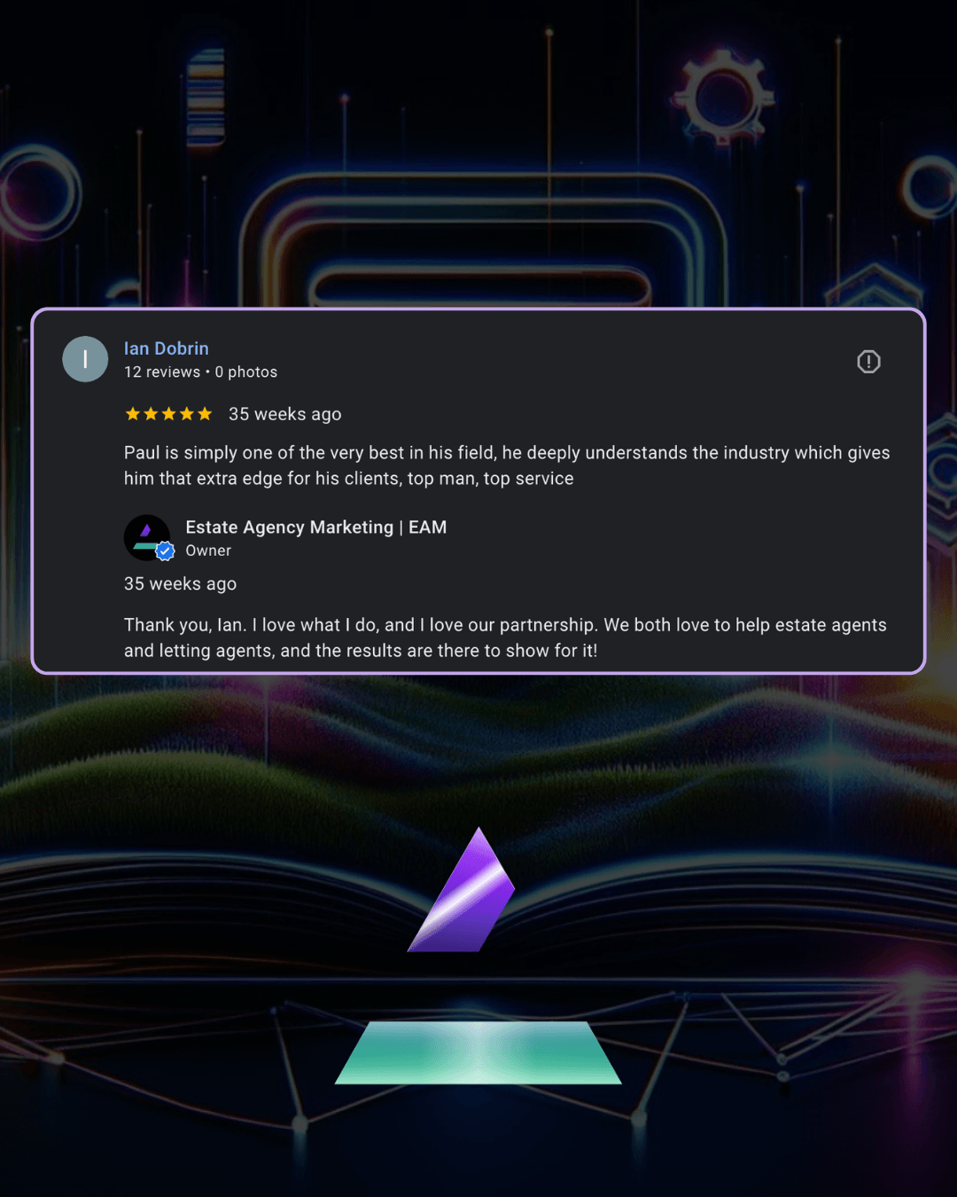 Client Feedback 1 - Marketing Floating dark review card showing a 5-star rating, author name Ian Dobrin, and a short client testimonial over a neon abstract background with geometric shapes.