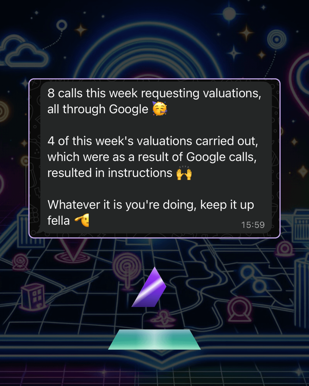 Neon sci‑fi background with a dark chat card showing a multi‑line message about weekly valuation calls via Google; time 15:59.