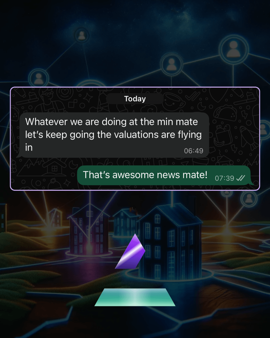 Client Feedback 5 - Meta Ads Chat overlay in a neon game scene: message about valuations flying in, followed by a celebratory reply; purple triangular object and holographic ground below.