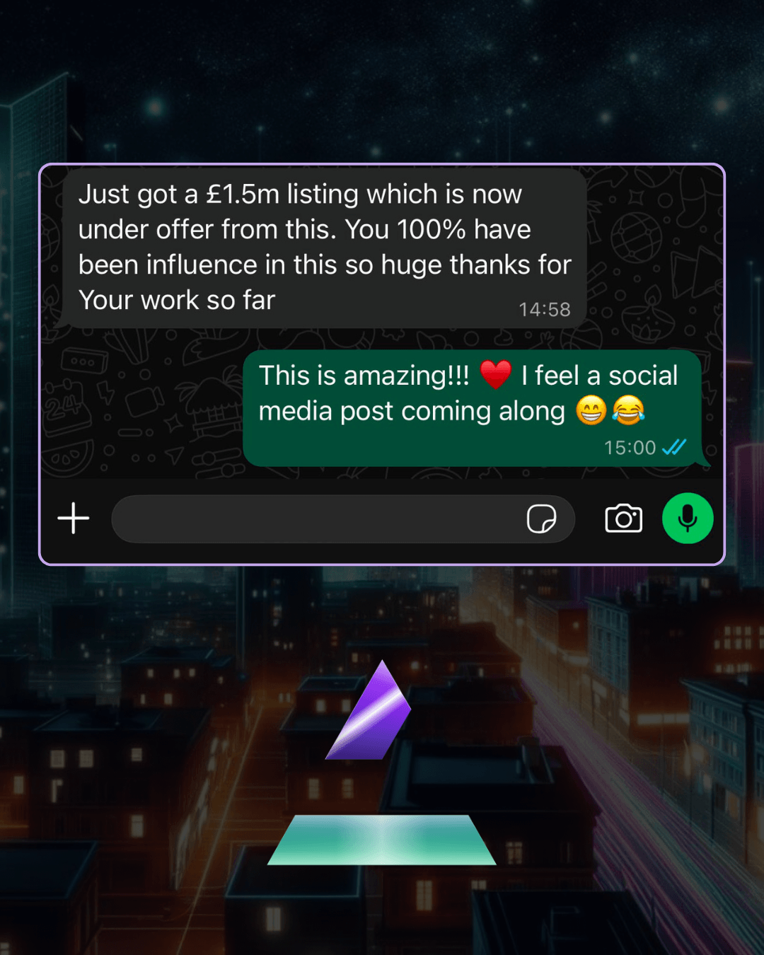 Feedback - AI Search Results Chat about a £1.5m listing offer, shown in a dark chat window over a neon city backdrop with purple/teal shapes.