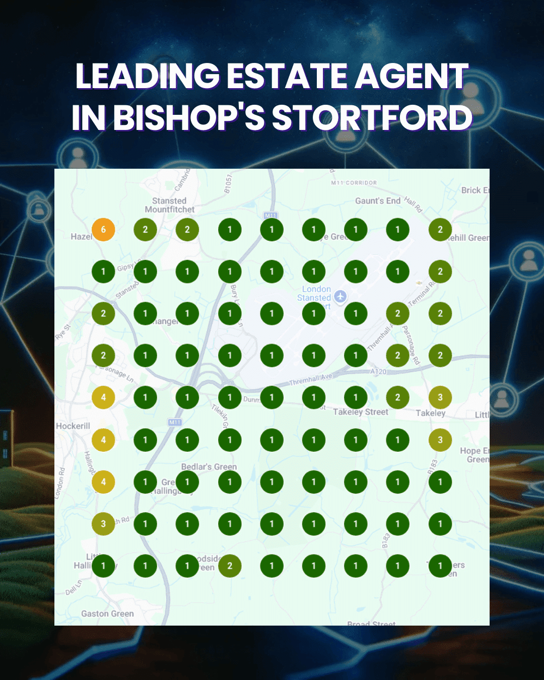 Local SEO Result 1 Map of Bishop's Stortford with numerous green pins indicating listings, plus a few orange/yellow pins highlighting higher values; headline reads 'Leading estate agent in Bishop's Stortford'