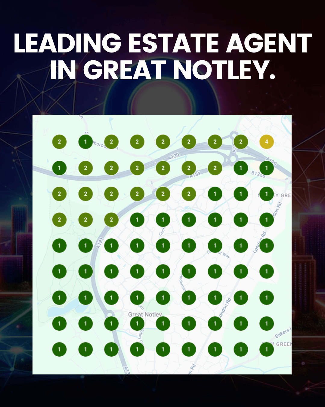 Local SEO Result 2 Hero banner with text 'Leading estate agent in Great Notley' above a pale map dotted with green numbered markers (mostly 1s and 2s) and one yellow marker labeled 4